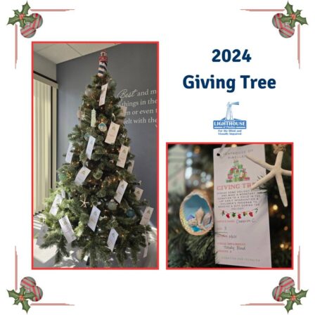 Image with two photos. One of the entire Giving Tree and one is a close up of the ornaments on the tree. Text reads, "Giving Tree," with the Lighthouse logo underneath.